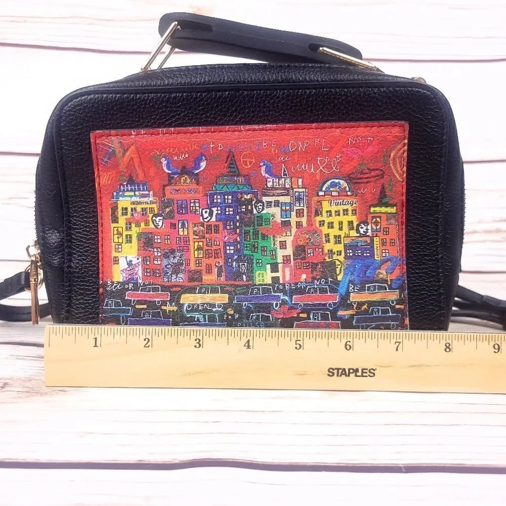 Derimod Small Black Red Faux Leather Crossbody Bag Cityscape Box Purse